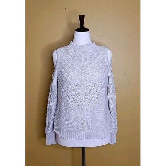 Aeropostale Womens Ivory Tan Cold Shoulder Open Knit Sweater Medium Mock Neck - Picture 1 of 11